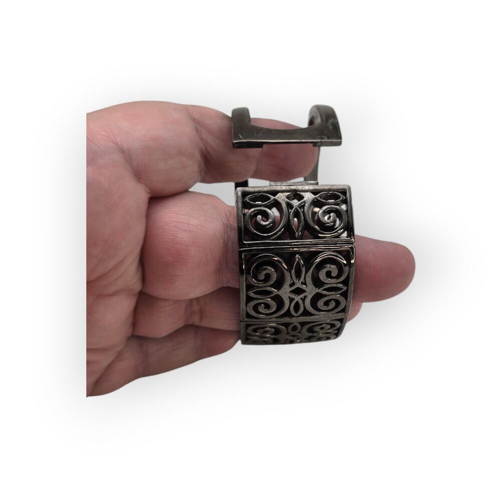 Dark Filigree Scrollwork Hinged Cuff Vintage Brac… - image 6